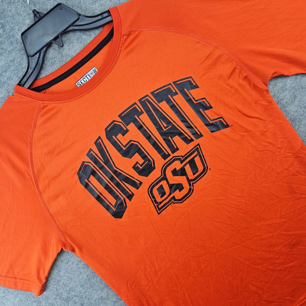 Section 101 by Majestic Oklahoma State OSU T-Shirt Men Med Orange Raglan FLAWS